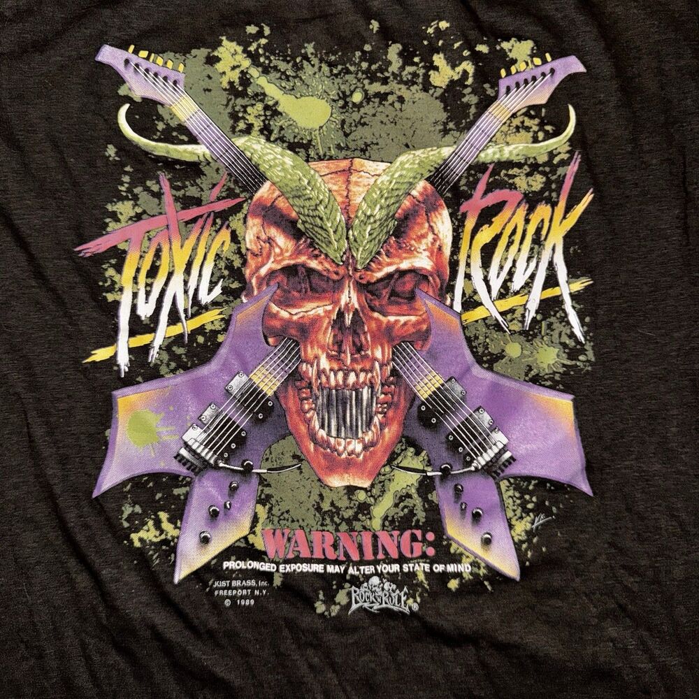 1989 Toxic Rock Skull T-Shirt 3D Emblem Rock N’ Rule VTG USA L Metal Band Tee